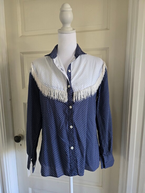 None Tops - Vintage Navy Polka Dot Western Fringe Shirt